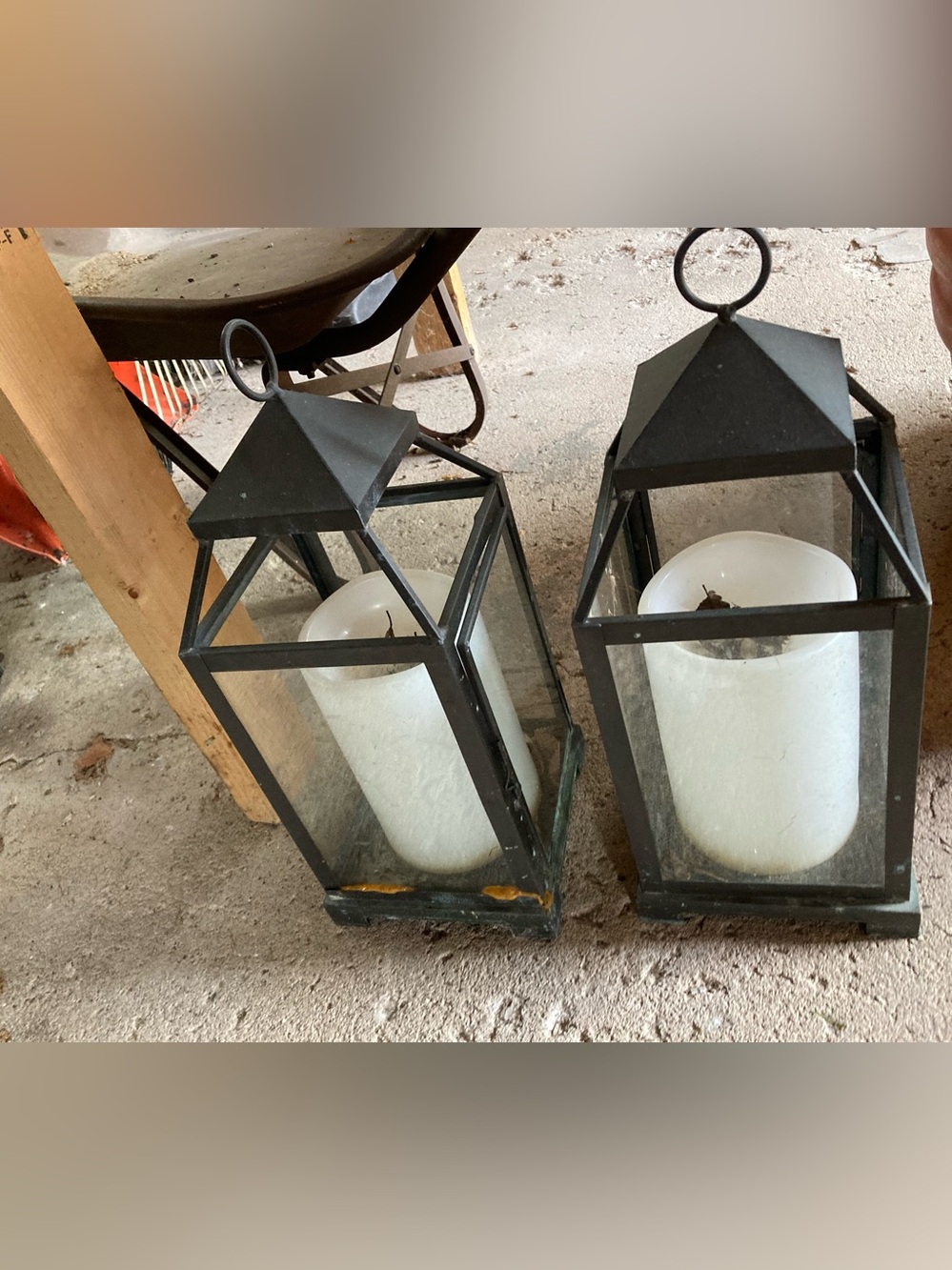 Set of two Pottery barn Black Metal Glass Lanterns